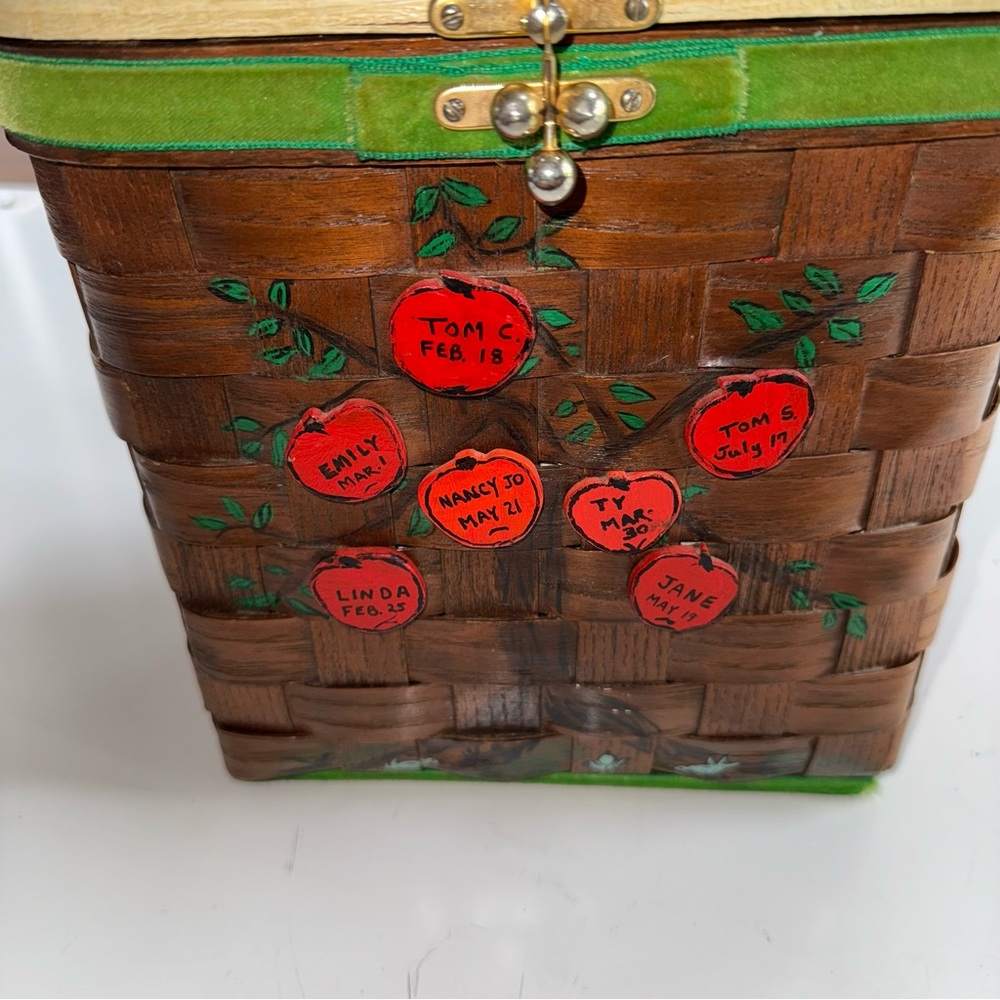 Vintage Wood Wicker Weaved Basket Purse Handed Painted Signed Apples - Picture 3 of 11